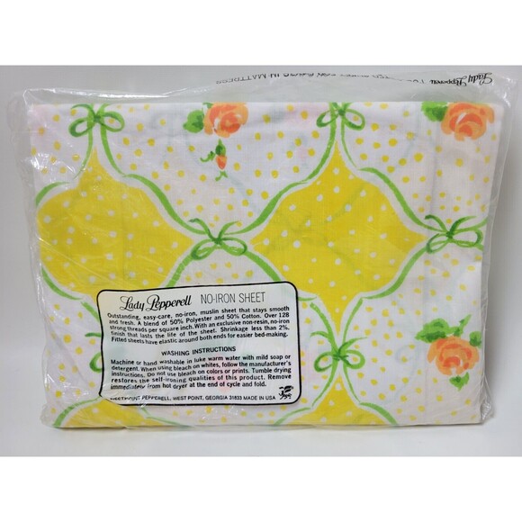 Vintage NIP Lady Pepperell Muslin Full Fitted Sheet Green Yellow Ribbon Floral - Picture 4 of 5